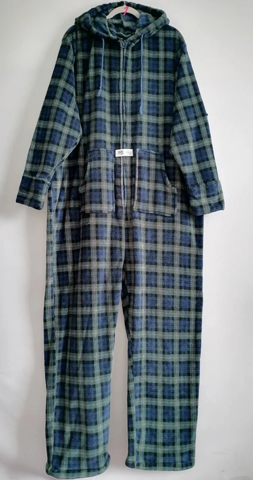 Alexander Del Rossa Men's One Piece Footed Green Blue Plaid Pajamas Size L - Image 1 of 4