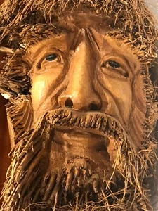 Chinese Carved Bamboo Root Face Wall Hanging Wonderful Eyes 26"x10 w/ Beard/Hair - Picture 1 of 11