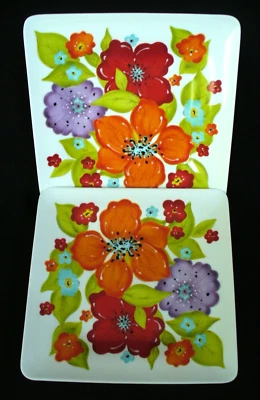 2~MELAMINE~Laurie Gates~DINNER PLATES~11"x11"~Square~BRIGHT FLORAL~Textured~EC - Изображение 1 из 4