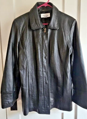 Calvin Klein Jacket Black Leather Collared Zip Front Snaps Pockets Lined Size L - Image 1 of 4