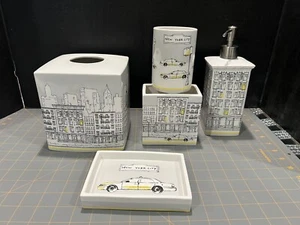 DKNY 5 Piece Set Tissue Box Soap Dispenser Dish Toothbrush Cup New York Broadway - Picture 1 of 14