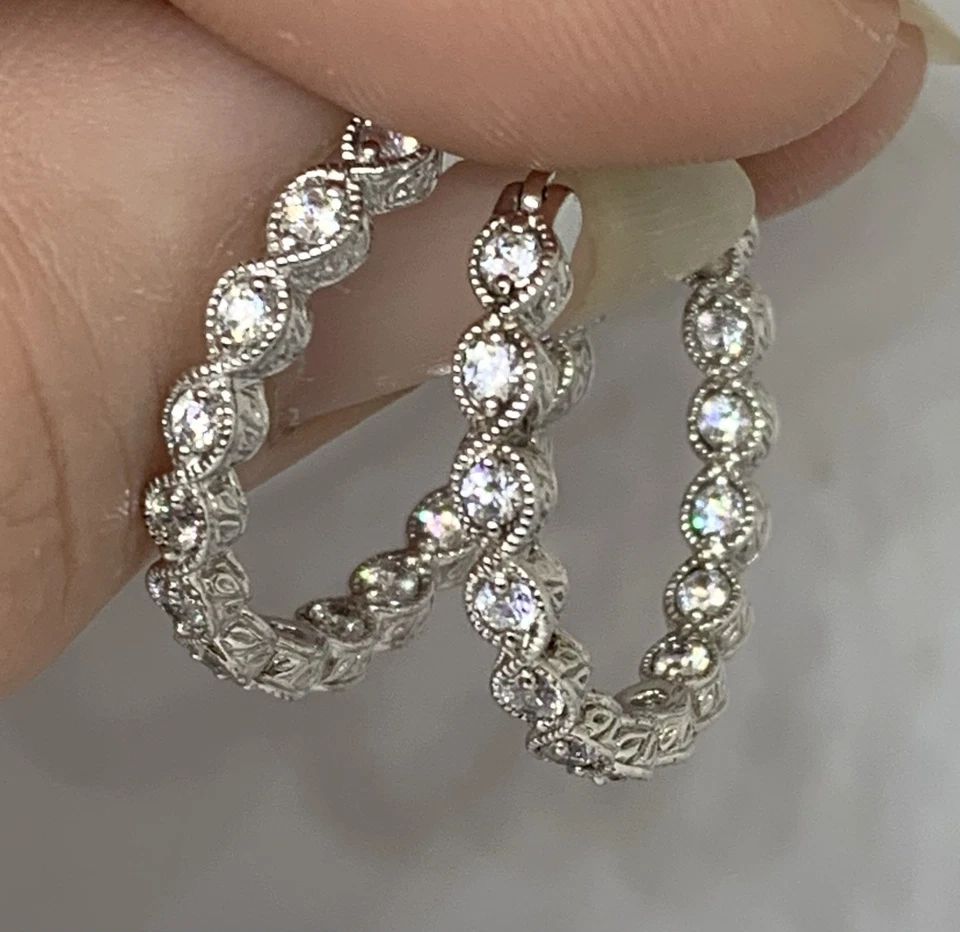 Rare! Tacori 925 Sterling Silver Cz Inside Out 25mm Hoop Earrings - Image 1 of 4