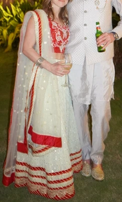 Lehenga, Ready to Wear, Sea Foam Green & Dark Pink w/ Floral Embroidery - Image 1 of 4