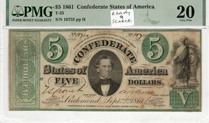 T-33 PF-5 1861 $5 Confederate Paper Money - PMG Very Fine 20 - Rarity 9! - Picture 1 of 2