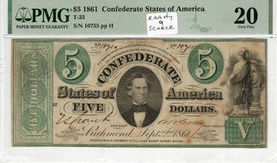 T-33 PF-5 1861 $5 Confederate Paper Money - PMG Very Fine 20 - Rarity 9! - Image 1 of 2