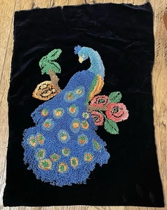 Vintage Punch Needle Embroidery Peacock On Black Velvet Fabric Colorful Tapestry - Picture 1 of 10