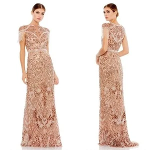 MAC DUGGAL 5452 Beaded Fringe Cap Sleeve Column Gown In Copper Women's Size 6 - Picture 1 of 9