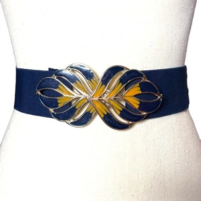 Cinturón elástico de colección años 80 tono dorado amarillo azul marino esmalte hoja tropical hebilla S/M Foto 1 de 4