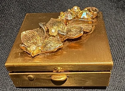 Vtg. Square Divided Compartment Pill Box  Decoration Leaves Pearl Rhinestones - Image 1 of 4