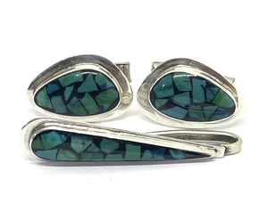 Mid-Century Turquoise Enamel Cufflinks & Tie Clip Set Israel Sterling Silver - Picture 1 of 8