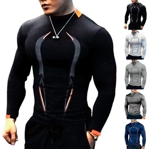 Mens Workout Compression Armour Base Layer Top Long Sleeve Gym Sports T-Shirts~ - Picture 1 of 16