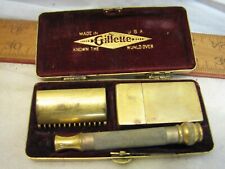 Vintage 1921 Gillette Gold Tone Safety Razor 3 Pc Fancy Brass Case 1904 Patent 