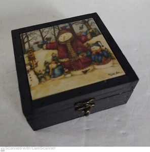 Snowman Coasters In Wood Box Vintage Set of 4 Cork Backing - Picture 1 of 4