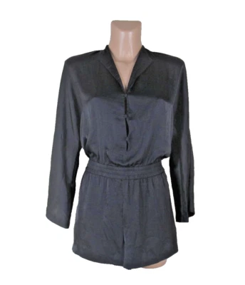 BCBG MAXAZRIA M 码黑色缎面长袖连身裤口袋 — 第 1/4 张图片