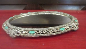 VINTAGE SAM FINK VANITY TRAY OVAL FILIGREE METAL CRYSTAL & JEWEL ACCENTS 8.5"x6" - Picture 1 of 6