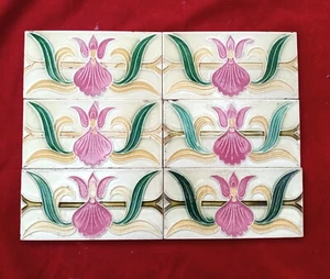6 Piece Lot Old Art Flower Embossed Design Majolica Ceramic Tiles Belgium 0523 - Picture 1 of 8