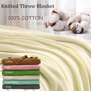 Soft 100% Cotton Solid Decorative Knitted Sofa / Bed Throw Blanket in 14 Colours - Picture 1 of 13