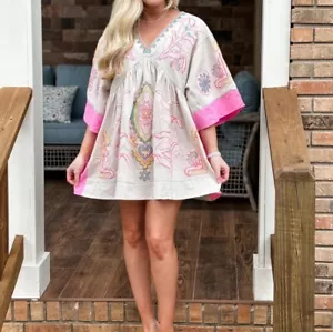 Boho BlueVelvet Boutique Embroidered Mini Dress/Tunic Top Pink Mix Sz M/L New! - Picture 1 of 24