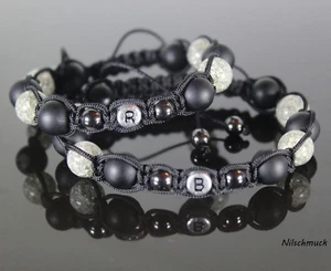 Partnerarmbänder schwarz 2er Set Onyx grau bitte Wunschbuchstabe angeben - Bild 1 von 1