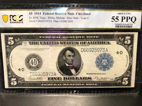$5 1914 Federal Reserve Note Fr#859C Cleveland PCGS AU 55 Cover