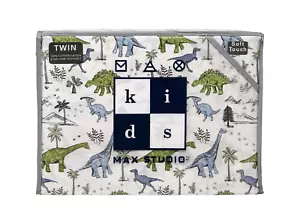 MAX STUDIO TWIN Soft Cotton Sateen Dinosaurs Palms Mountains Dino Sheet Set NEW - Picture 1 of 3