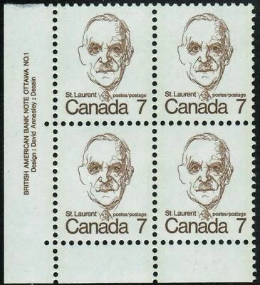 Canada sc#592 Caricatures: Louis St-Laurent, LL BABN Plate Block N°1, Mint-NH - Image 1 of 2