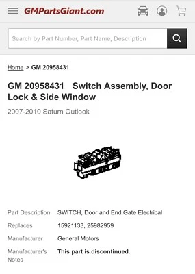 Interruptor de bloqueo de puerta izquierdo ACDelco GM equipo original se adapta 07-10 Saturn Outlook Foto 1 de 2