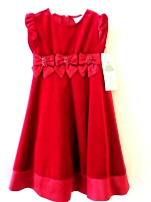 Rare Editions Dress Red Velour S/S Bows Beads Sash Sz 4 Christmas Dressy #10040 - Image 1 of 4