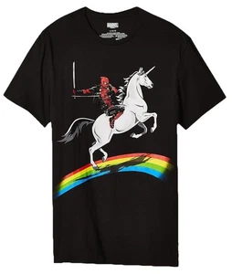 Deadpool Riding A Unicorn On A Rainbow Black Shirt Mens 2XL NEW - Picture 1 of 4