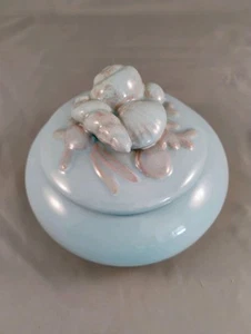 Small Blue Ceramic Trinket Box With Lid Seashell Theme White Inside - Picture 1 of 4
