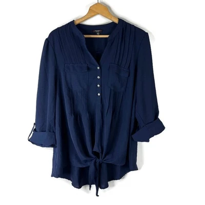 Top túnica para mujer Cocomo talla 2X azul marino pintuck corbata frontal cuello en V manga 3/4 Foto 1 de 4