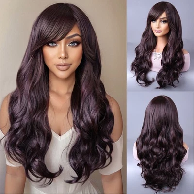 Pelucas rizadas marrón púrpura disfraz de mujer pelucas de pelo ondulado completo cosplay cabello sintético Foto 1 de 4