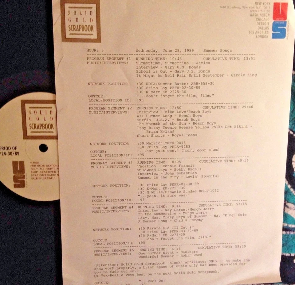 RADIO SHOW 6/28/89 SUMMER HITS:JAMIES,CAROLE KING, BEACH BOYS (3),CONNIE FRANCIS - Image 1 of 1