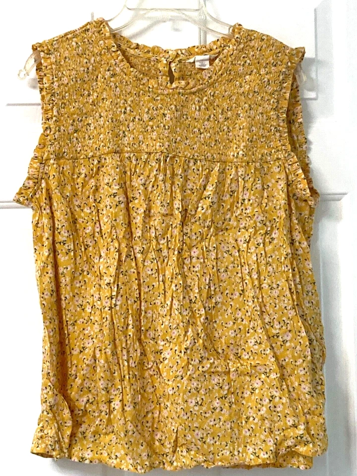 Caslon Cotton Blend Button Back Shirred Peasant Top Size 10 Yellow Floral - Изображение 1 из 4