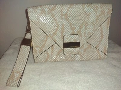 TRINA TURK  PYTHON PRINTED TEXTURED WHITE LEATHER CLUTCH WRISTLET  - Image 1 of 4