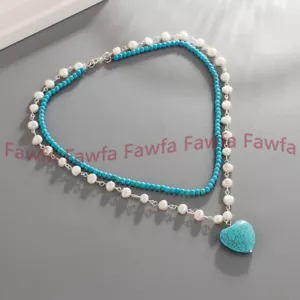 2 Row Natural White Baroque Pearl 4mm Blue Turquoise Gems Beads Pendant Necklace - Picture 1 of 5