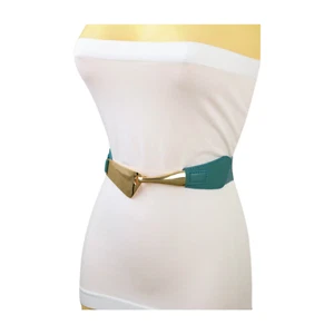 Women Teal Blue Elastic Fashion Hip High Waist Belt Gold Metal Hook Buckle S M - Picture 1 of 14