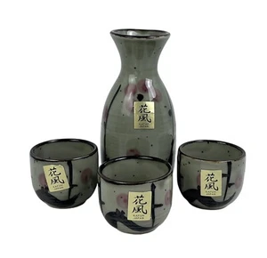 SAKE SET CERAMIC  KAFUH JAPAN Mashiko Plum Flask & 3 Cups Beautiful EUC - Picture 1 of 13