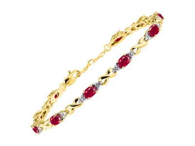 RYLOS RUBY & DIAMOND TENNIS BRACELET YELLOW GOLD PLATED SILVER 7-8"  - Image 1 of 4