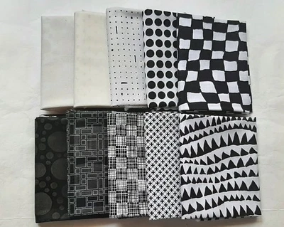 10 Fat Quarters - 黑白 - FQ 18 x 22 100% 棉绗缝面料 — 第 1/3 张图片