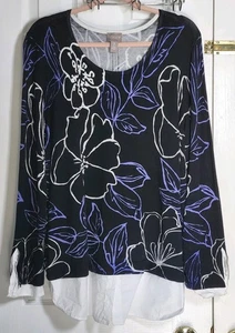 Top túnica Twofer manga larga cuello redondo flor silvestre negro Chico's 3 talla XL  - Imagen 1 de 4