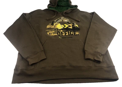 John Deere Men's Hoodie Large Graphic Excavator Kangaroo Pocket Brown Green - Image 1 of 4