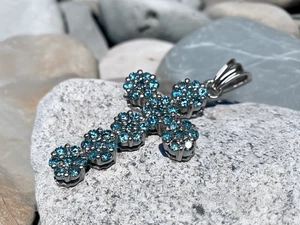 Beautiful 10K White Gold Blue Diamond Cross Pendant Charm - Picture 1 of 5