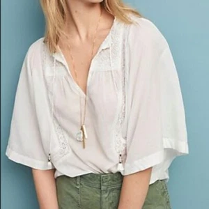 PAIGE S Larina Top Ivory White Peasant Boho Gauze V Neck Tassel Lace Flowy Ecru - Picture 1 of 11