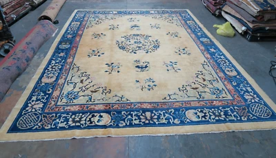 Antique Chinese Ningshia Ningxia Peking Hand Knotted Wool Rug 9'x11'6 Art Deco - Image 1 of 4