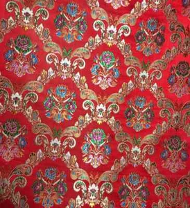 Red & Gold Floral Damask - Silk Brocade Fabric - Picture 1 of 3