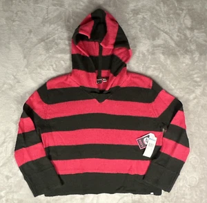 Roxy Crop Knit Hoodie Women Extra Small Pink Black Stripe Pullover Sweatshirt - Picture 1 of 12