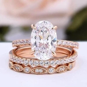 NEW 3.50TCW Oval Cut Moissanite Trio Set Engagement Ring 14k Rose Gold Plated - Picture 1 of 8