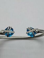David Yurman Sterling Silver 4mm Cable Wrap 10'mm Blue Topaz & Diamond Bracelet