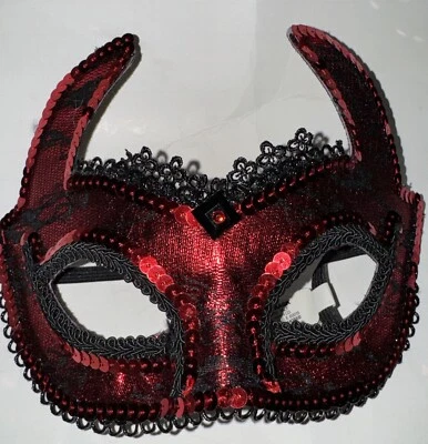 Devil Mask Black and Red Venetian Mask with Horns Masquerade Costume Party - Image 1 of 2